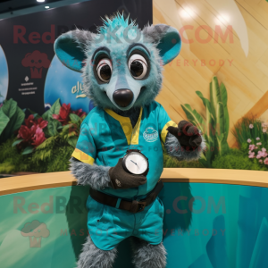 Teal Aye-Aye mascot costume character dressed with a Playsuit and Bracelet watches
