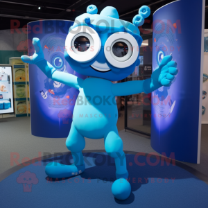 Blue Contortionist mascot costume character dressed with a Playsuit and Eyeglasses