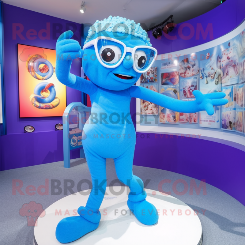 Blue Contortionist mascot costume character dressed with a Playsuit and Eyeglasses