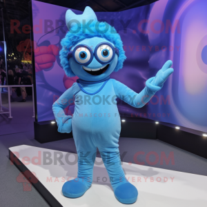 Blue Contortionist mascot costume character dressed with a Playsuit and Eyeglasses