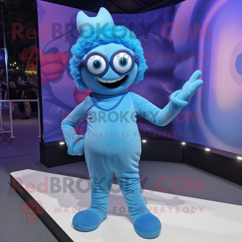 Blue Contortionist mascot costume character dressed with a Playsuit and Eyeglasses