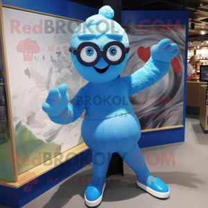 Blue Contortionist mascot costume character dressed with a Playsuit and Eyeglasses