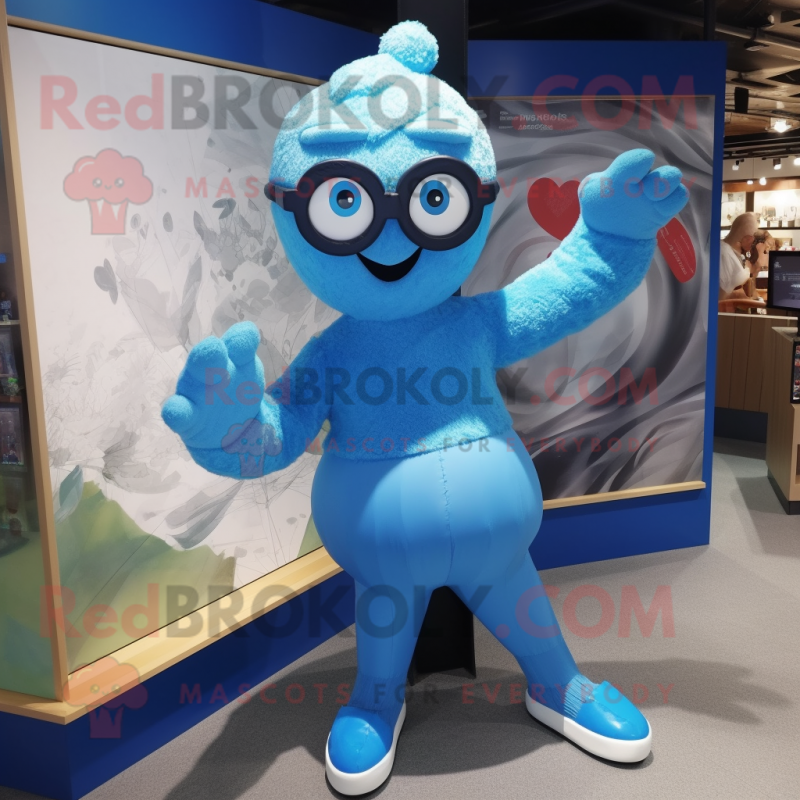 Blue Contortionist mascot costume character dressed with a Playsuit and Eyeglasses Blue Contortionist mascot costume character dressed with a Playsuit and Eyeglasses