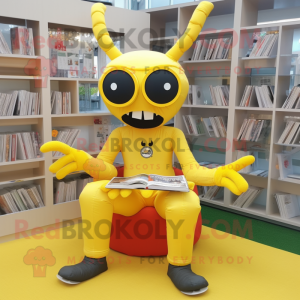Yellow Spider mascot costume character dressed with a Jumpsuit and Reading glasses