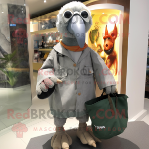 Gray Dodo Bird mascot costume character dressed with a Parka and Tote bags