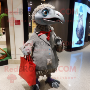 Gray Dodo Bird mascot costume character dressed with a Parka and Tote bags