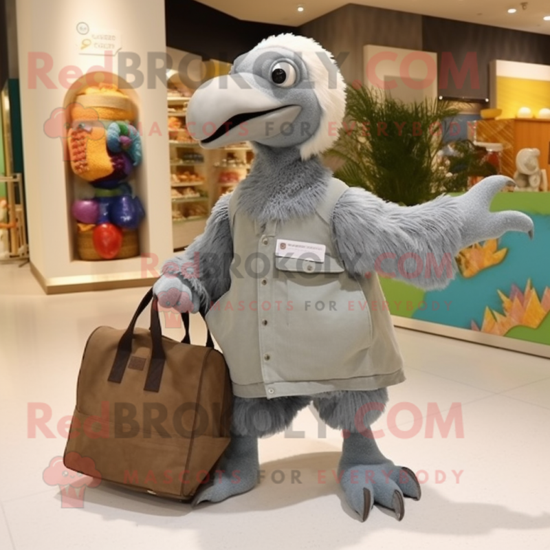 Gray Dodo Bird mascot costume character dressed with a Parka and Tote bags Gray Dodo Bird mascot costume character dressed with a Parka and Tote bags