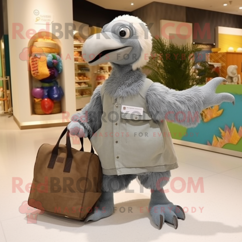 Gray Dodo Bird mascot costume character dressed with a Parka and Tote bags