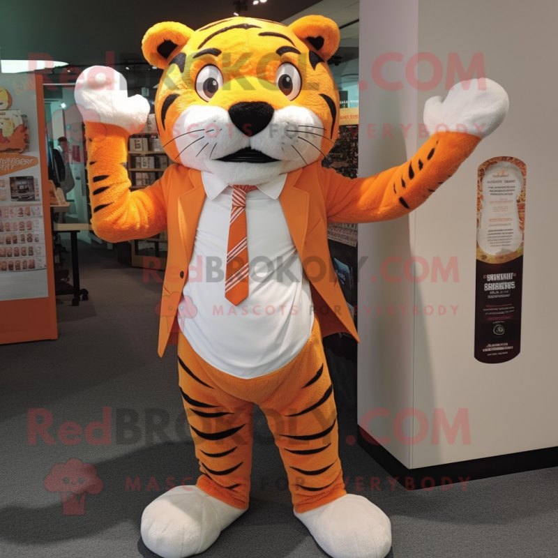 Orange Tiger mascot costume character dressed with a Poplin Shirt and Tie pins