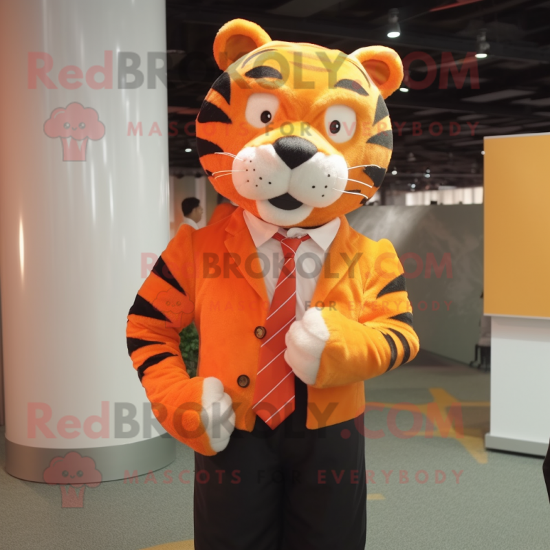 Orange Tiger mascot costume character dressed with a Poplin Shirt and Tie pins Orange Tiger mascot costume character dressed with a Poplin Shirt and Tie pins