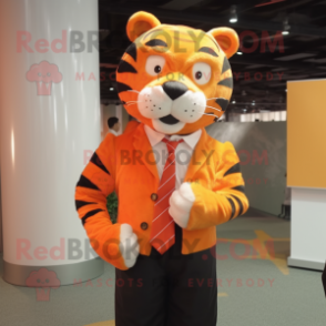 Orange Tiger mascot costume character dressed with a Poplin Shirt and Tie pins