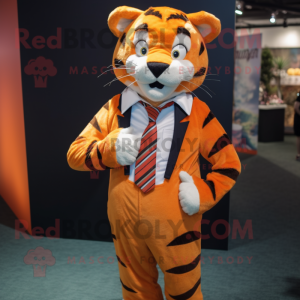 Orange Tiger mascot costume character dressed with a Poplin Shirt and Tie pins
