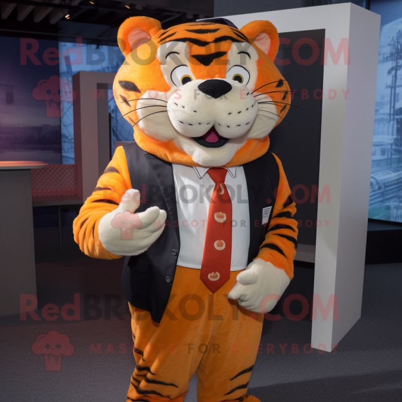 Orange Tiger mascot costume character dressed with a Poplin Shirt and Tie pins Orange Tiger mascot costume character dressed with a Poplin Shirt and Tie pins
