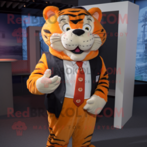 Orange Tiger mascot costume character dressed with a Poplin Shirt and Tie pins