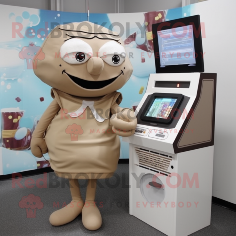 Tan Computer mascot costume character dressed with a A-Line Dress and Coin purses Tan Computer mascot costume character dressed with a A-Line Dress and Coin purses