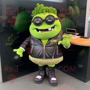 Lime Green Pulled Pork Sandwich mascot costume character dressed with a Leather Jacket and Smartwatches