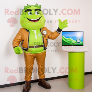 Lime Green Pulled Pork Sandwich mascot costume character dressed with a Leather Jacket and Smartwatches