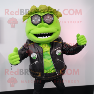 Lime Green Pulled Pork Sandwich mascot costume character dressed with a Leather Jacket and Smartwatches