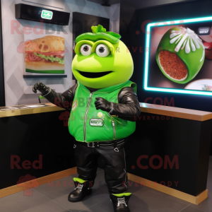 Lime Green Pulled Pork Sandwich mascot costume character dressed with a Leather Jacket and Smartwatches