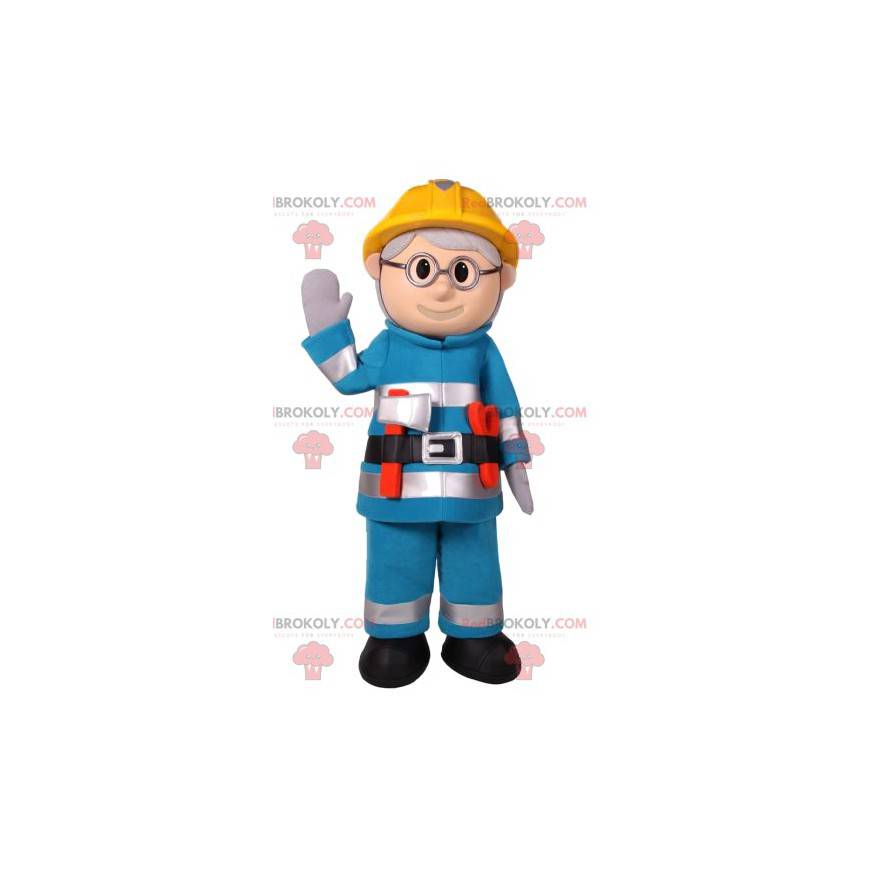 Construction snowman mascot in blue work clothes -