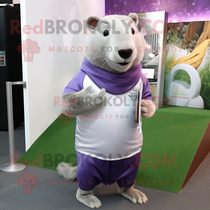 Silver Capybara mascot costume character dressed with a Polo Shirt and Shawl pins Silver Capybara mascot costume character dressed with a Polo Shirt and Shawl pins