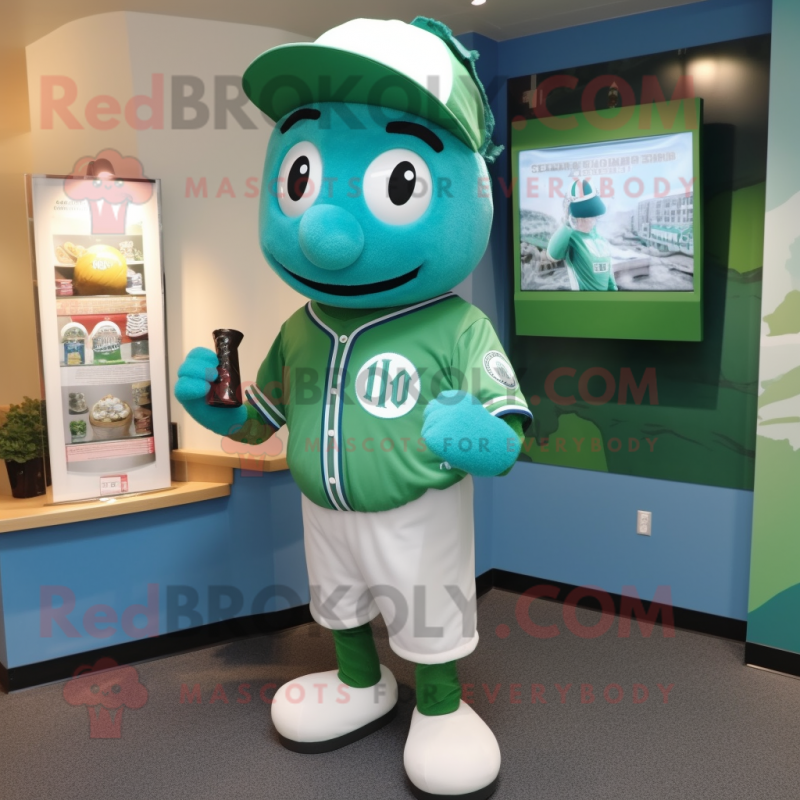 Cyan Green Beer mascot costume character dressed with a Baseball Tee and Cufflinks Cyan Green Beer mascot costume character dressed with a Baseball Tee and Cufflinks