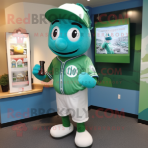 Cyan Green Beer mascot costume character dressed with a Baseball Tee and Cufflinks