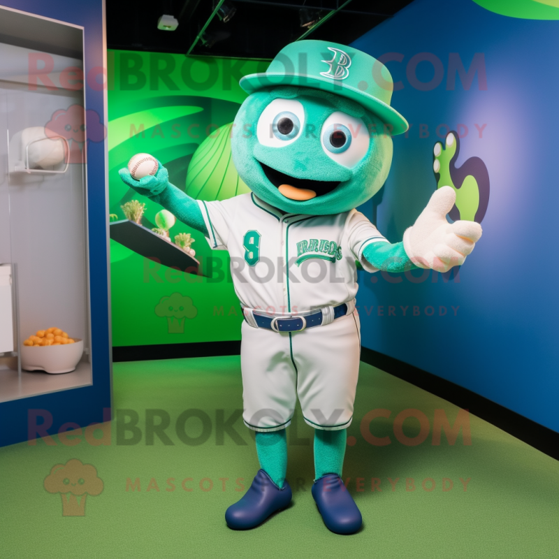 Cyan Green Beer mascot costume character dressed with a Baseball Tee and Cufflinks Cyan Green Beer mascot costume character dressed with a Baseball Tee and Cufflinks