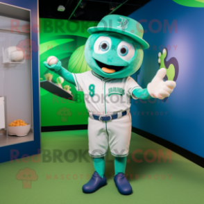 Cyan Green Beer mascot costume character dressed with a Baseball Tee and Cufflinks