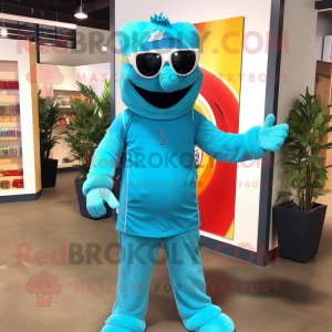 Cyan Jambalaya mascot costume character dressed with a Rash Guard and Earrings