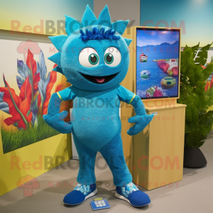 Cyan Jambalaya mascot costume character dressed with a Rash Guard and Earrings