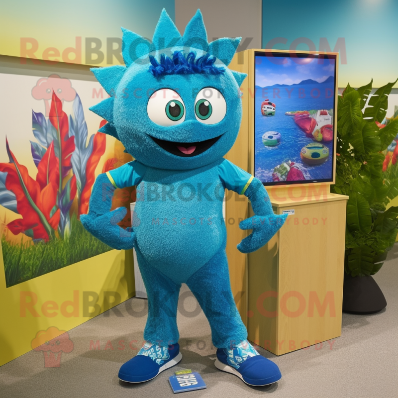 Cyan Jambalaya mascot costume character dressed with a Rash Guard and Earrings Cyan Jambalaya mascot costume character dressed with a Rash Guard and Earrings