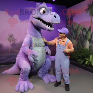 Lavender Iguanodon mascot costume character dressed with a Overalls and Watches