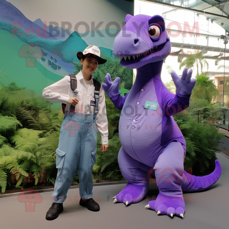 Lavender Iguanodon mascot costume character dressed with a Overalls and Watches