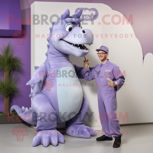 Lavender Iguanodon mascot costume character dressed with a Overalls and Watches