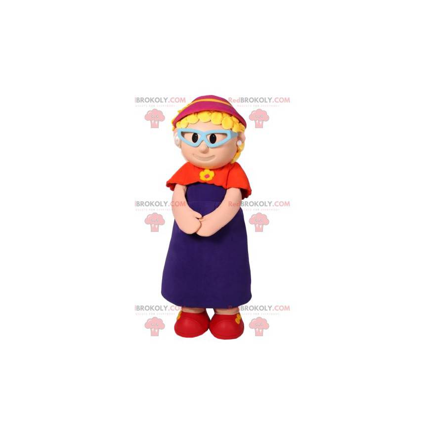 Kleine meisjesmascotte met een rood vest en een fuchsia hoed -