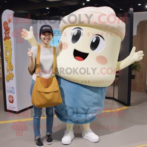Cream Ramen mascot costume character dressed with a Boyfriend Jeans and Tote bags
