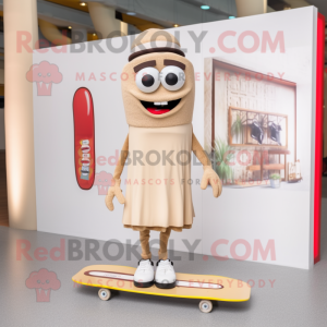 Beige Skateboard mascot costume character dressed with a Pencil Skirt and Shoe laces