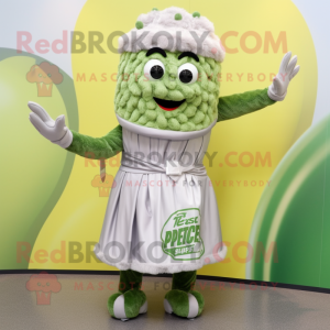 Silver Pesto Pasta mascot costume character dressed with a Skirt and Mittens