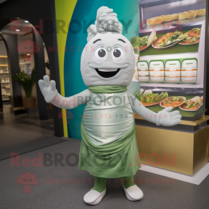 Silver Pesto Pasta mascot costume character dressed with a Skirt and Mittens