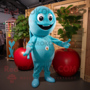 Turquoise Cherry mascot costume character dressed with a Henley Shirt and Wraps