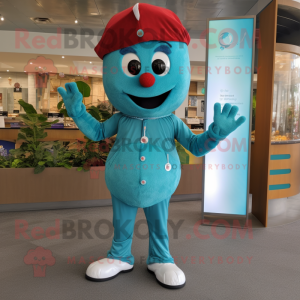 Turquoise Cherry mascot costume character dressed with a Henley Shirt and Wraps