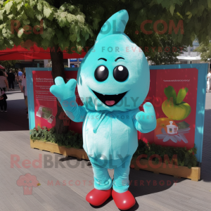 Turquoise Cherry mascot costume character dressed with a Henley Shirt and Wraps