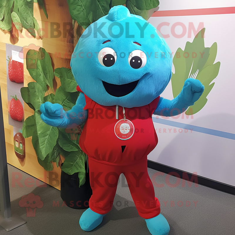 Turquoise Cherry mascot costume character dressed with a Henley Shirt and Wraps