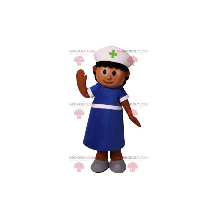 Enfermeira mascote com blusa azul e chapéu de chef -