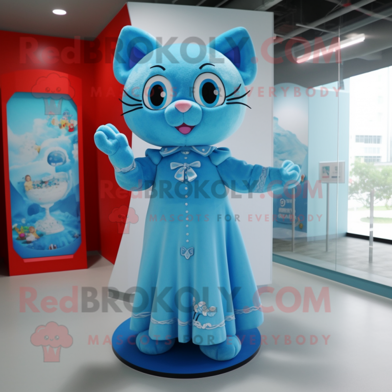 Sky Blue Cat mascot costume character dressed with a Dress and Rings