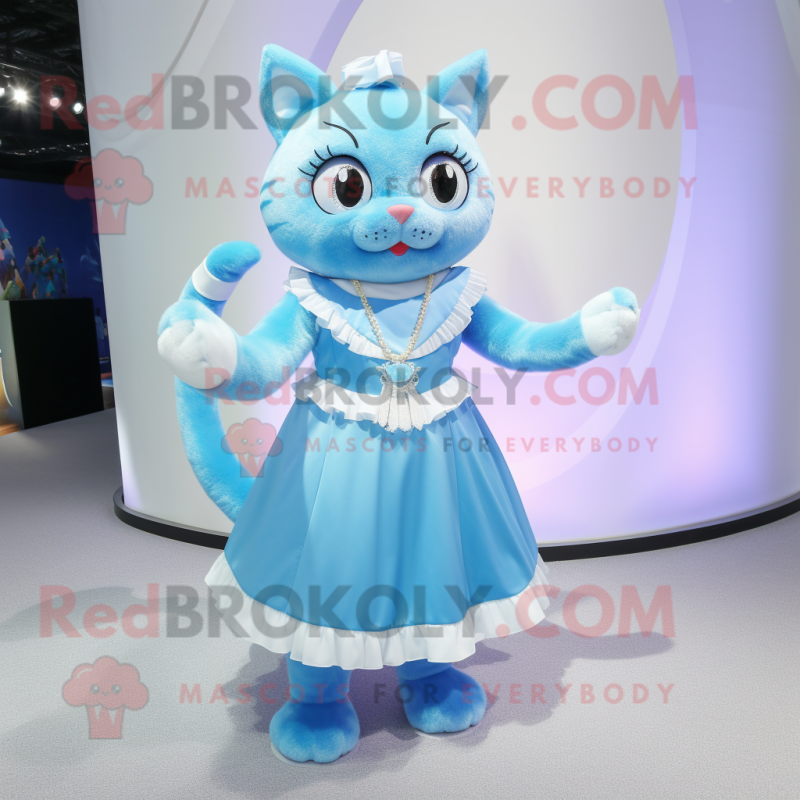 Sky Blue Cat mascot costume character dressed with a Dress and Rings