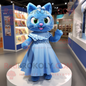 Sky Blue Cat mascot costume character dressed with a Dress and Rings