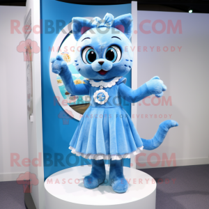 Sky Blue Cat mascot costume character dressed with a Dress and Rings