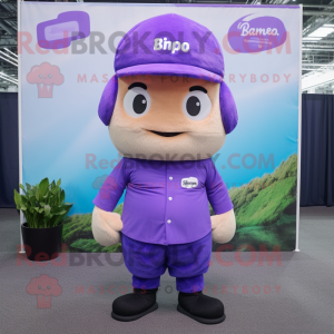 Purple Pho mascot costume character dressed with a Cargo Shorts and Beanies